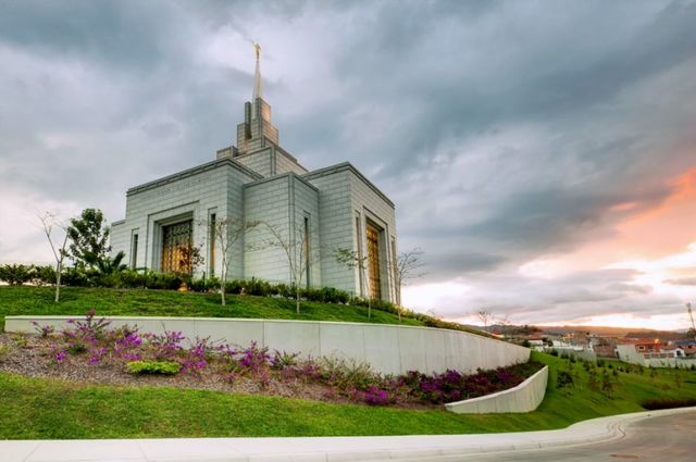 templo visto de baixo com um arco de flores cor de rosa