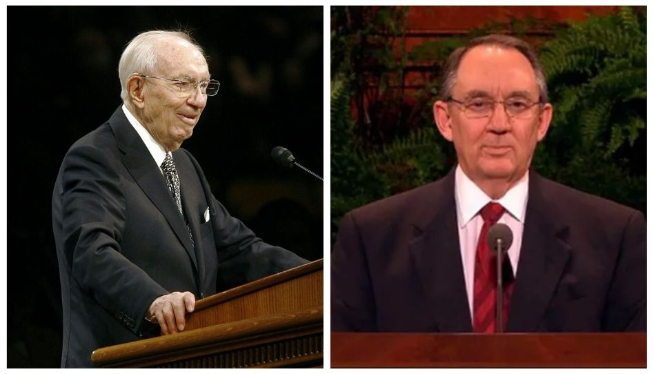 Presidente Gordon B. Hinckley e Élder Richard G. Hinckley, pai e filho, lado a lado em um evento da Igreja. Ambos discursaram na conferência geral de abril de 2006.