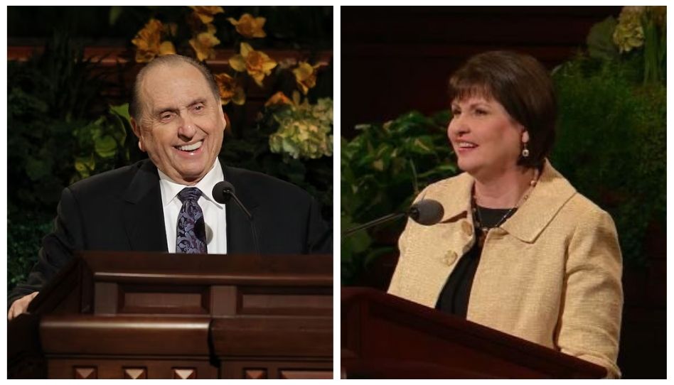 Presidente Thomas S. Monson e sua filha, Irmã Ann Monson Dibb, posando após a conferência geral. Ambos discursaram em outubro de 2009 e outubro de 2012.