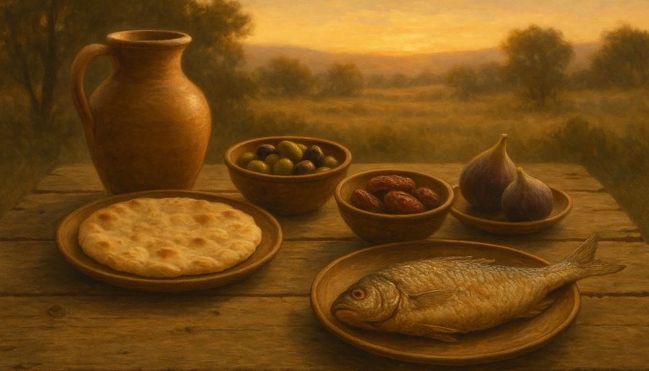 mesa de madeira com alimentos que jesus comia como pão, peixe, figo