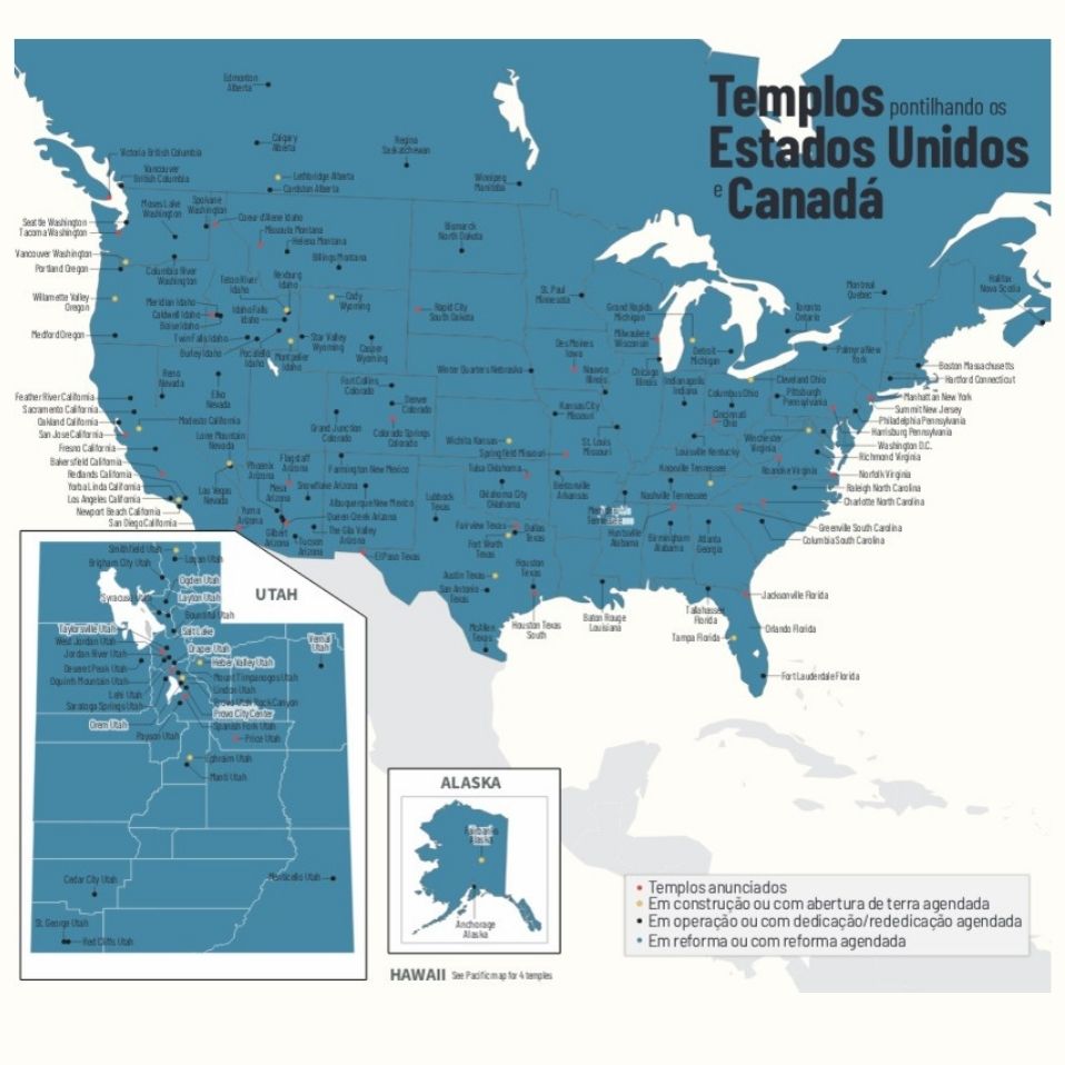 Mapa mostra os locais e status dos templos de A Igreja de Jesus Cristo dos Santos dos Últimos Dias nos Estados Unidos e Canadá, em setembro de 2025. | Gráfico do Church News