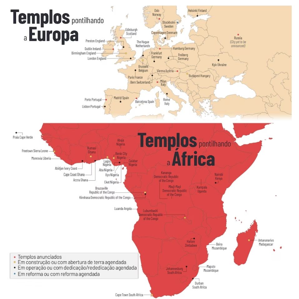 Mapa mostra locais e status dos templos de A Igreja de Jesus Cristo dos Santos dos Últimos Dias na Europa e África em setembro de 2025.