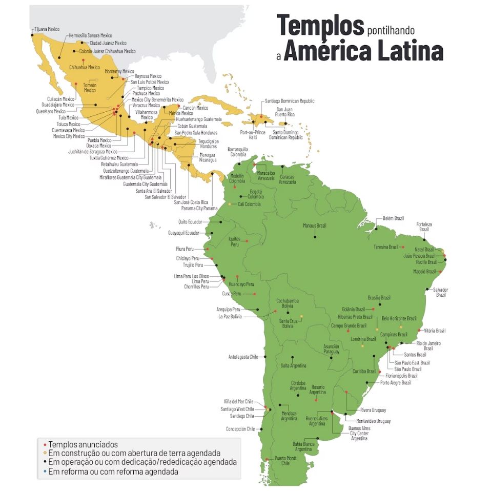 Este mapa mostra os locais e status dos templos de A Igreja de Jesus Cristo dos Santos dos Últimos Dias nas Américas Central e do Sul em setembro de 2025. | Gráfico do Church News