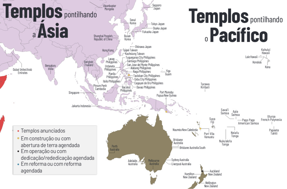 Este mapa mostra a localização e o status dos templos de A Igreja de Jesus Cristo dos Santos dos Últimos Dias na Ásia e no Pacífico, em setembro de 2025. | Gráfico do Church News